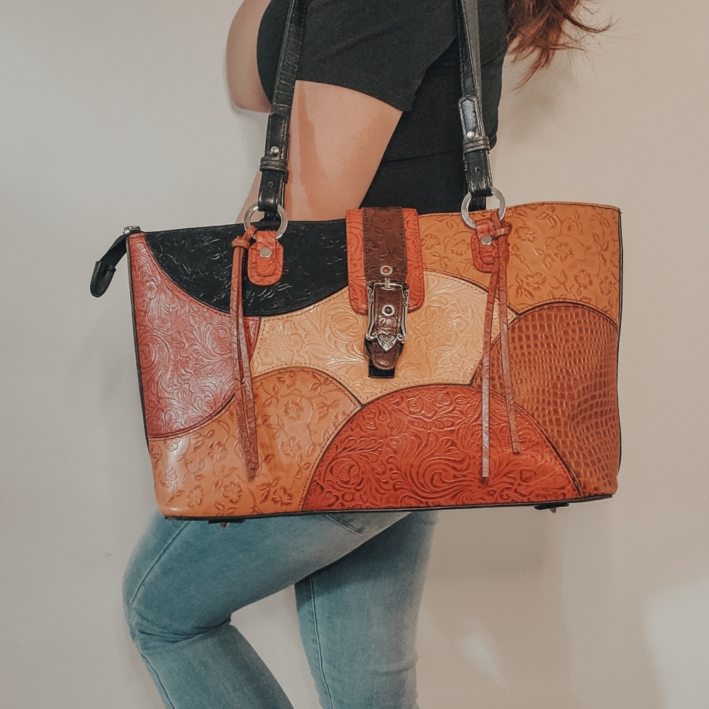 Black, brown and red Faux Leather Bag